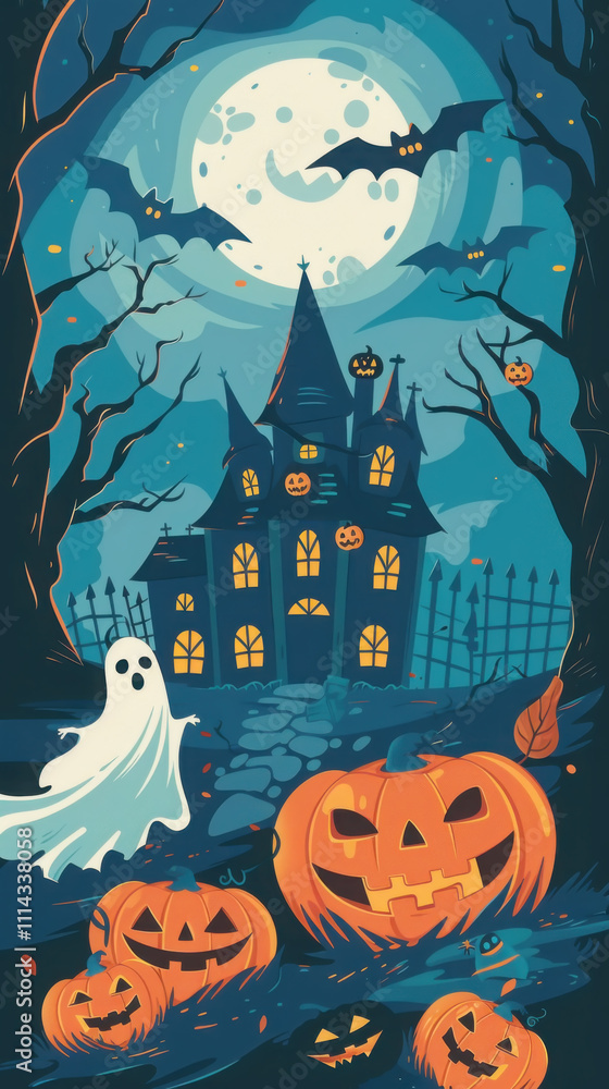 Fototapeta premium Spooky halloween night scene with haunted house and glowing pumpkins
