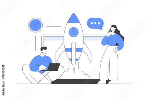 Business people working in a team. Rocket launch project. A group of people put forward an idea, start a new creative project.  Flat Cartoon Vector Illustration, icon. Stylish abstract