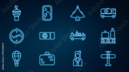 Set line Plane, Airport conveyor belt with suitcase, Jet fighter, Airline ticket, Compass, Radar, luggage towing truck and Airplane window icon. Vector
