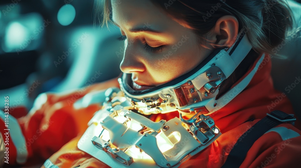 Installation of a cervical collar after a serious automobile accident. Providing first aid. Installation of a cervical collar after a serious automobile accident. Providing first aid.