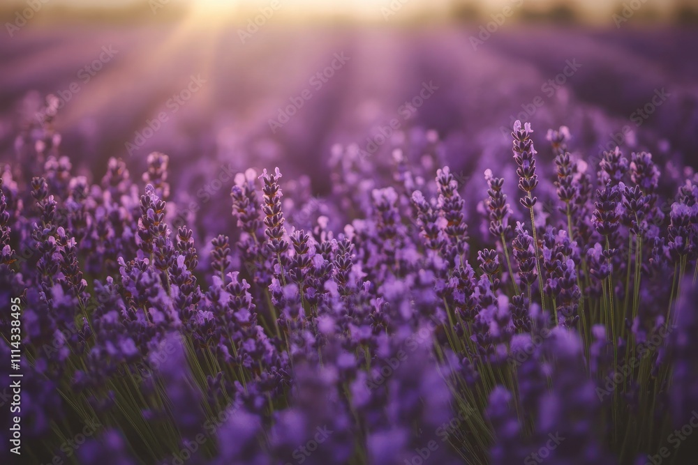 Lavender Field Basking in Golden Sunset Light Lavender Field Basking in Golden Sunset Light