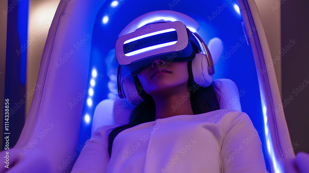 Fototapeta premium Virtual reality relaxation experience futuristic spa immersive technology calm environment close-up view mindfulness concept