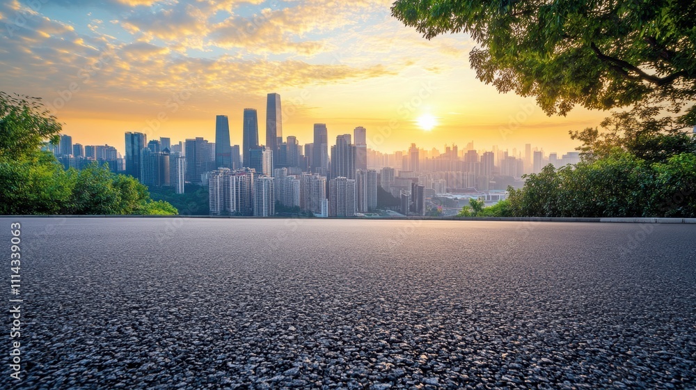 Fototapeta premium Sunrise Over Chongqing City Skyline and Asphalt Road Square With Modern Buildings. Generative AI