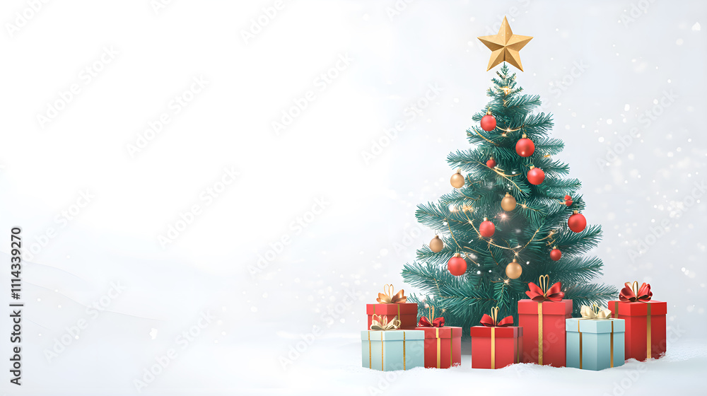 Fototapeta premium Christmas tree with gifts on white background, space for text.