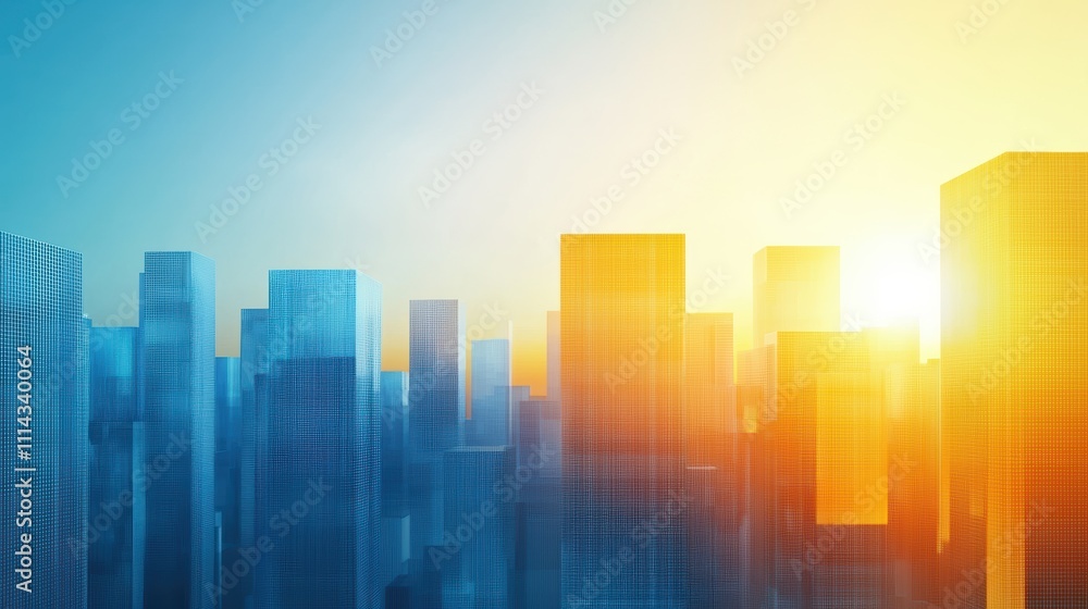 Vibrant Cityscape with Blended Data Overlays in Sunset Colors and Architectural Shapes Vibrant Cityscape with Blended Data Overlays in Sunset Colors and Architectural Shapes