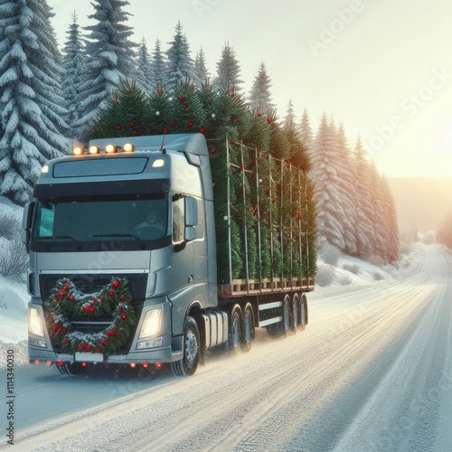 Truck transporting Christmas trees on snowy road
