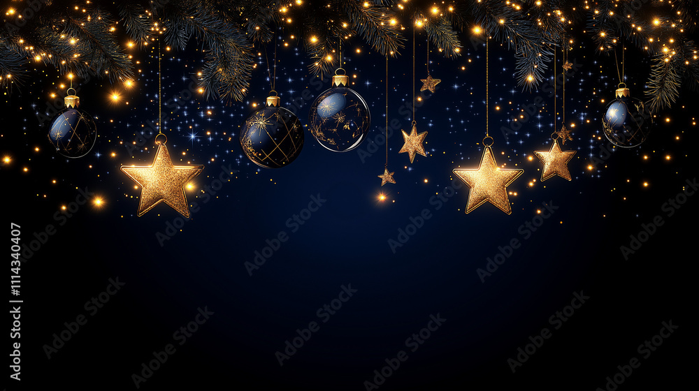 Naklejka premium Midnight Sparkle: Elegant gold stars and dark blue baubles hang against a deep blue backdrop, creating a luxurious and festive Christmas scene. Perfect for holiday greetings or winter celebrations.