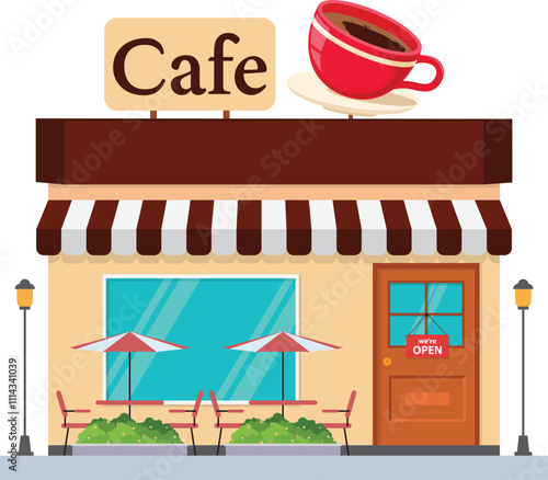 Cafe Building Shop Exterior Illustration With Open sign Board, chair, and Tree,  Flat Design Concept