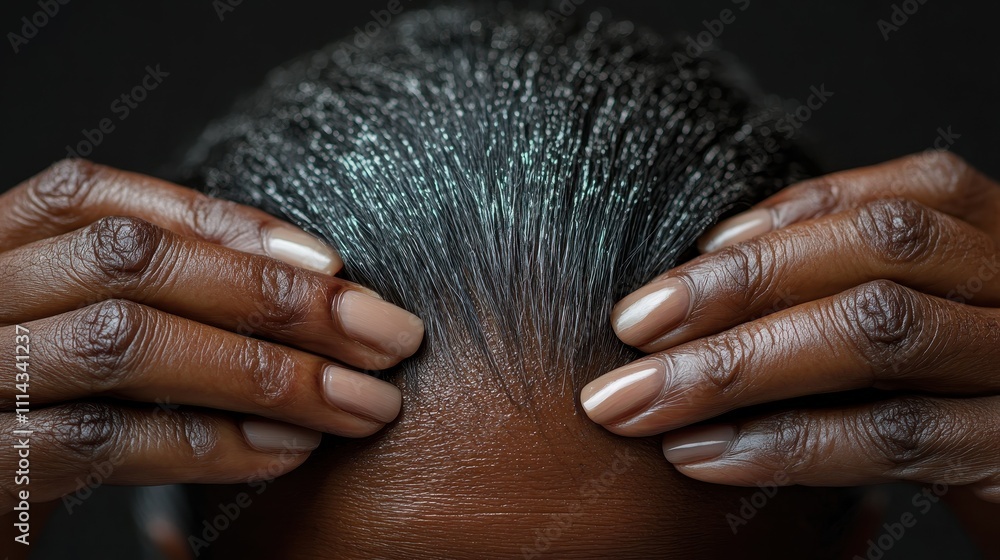 Fototapeta premium Woman's hands parting thinning hair, close-up, neutral color palette