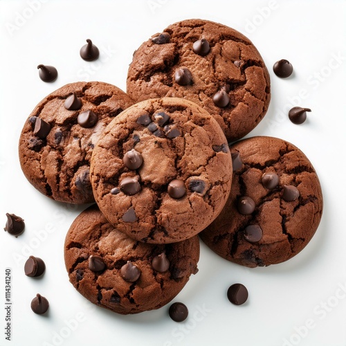 Freshly baked chocolate cookies with dark chocolate chips, isolated on a white background, perfect for food photography, bakery promotions, and recipe designs photo