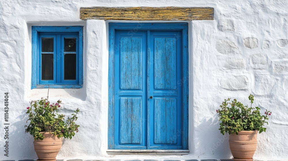 Traditional whitewashed house with blue doors and windows in mykonos, greece Traditional whitewashed house with blue doors and windows in mykonos, greece