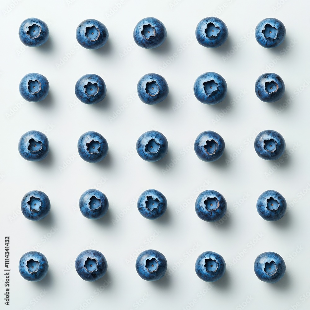 A cluster of fresh blueberries arranged neatly on a white background A cluster of fresh blueberries arranged neatly on a white background