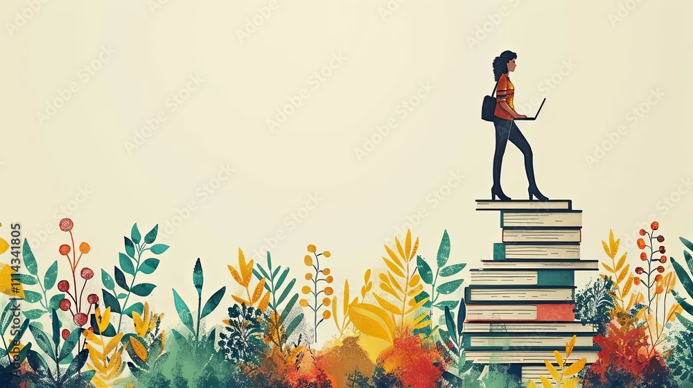 An illustration of a person balancing work on one side (laptop, files) and personal life on the other (friends, family An illustration of a person balancing work on one side (laptop, files) and personal life on the other (friends, family