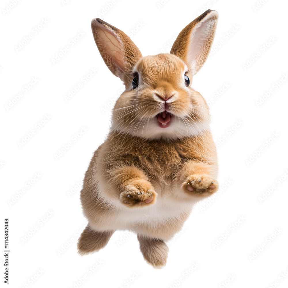 A playful brown easter bunny with a shiny pink nose, hopping mid-air isolated on a transparent background A playful brown easter bunny with a shiny pink nose, hopping mid-air isolated on a transparent background