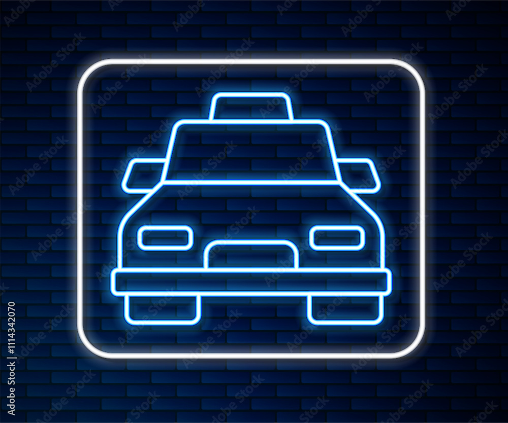 Glowing neon line Taxi car icon isolated on brick wall background. Vector Glowing neon line Taxi car icon isolated on brick wall background. Vector