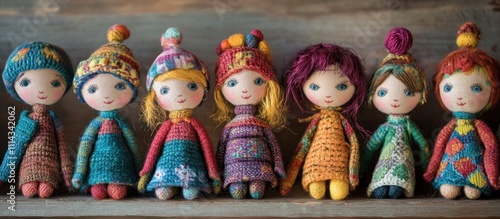 Seven colorful handmade knitted dolls in a row.