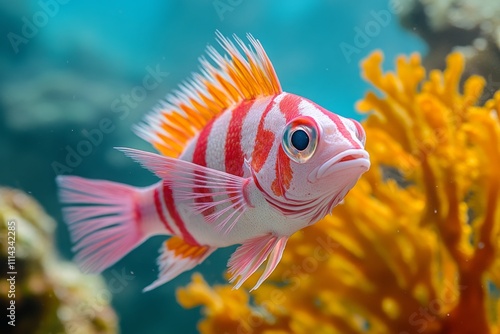 Vibrant striped fish swimming near colorful coral in a tropical reef environment photo