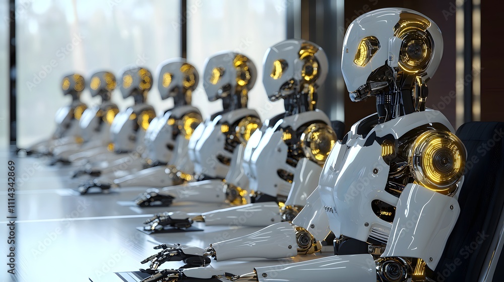 Rich Gold Robot Leading a Meeting, Corporate Skills Executed by Robotics Rich Gold Robot Leading a Meeting, Corporate Skills Executed by Robotics