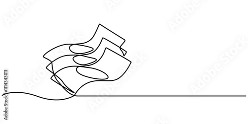 a stack of paper money, cash, banknotes, dollars, in one line. Continuous line drawing of dollars, bundles of money, cash, banknotes, dollars, euro one line art, Money Flow Single Line Icon, pro.