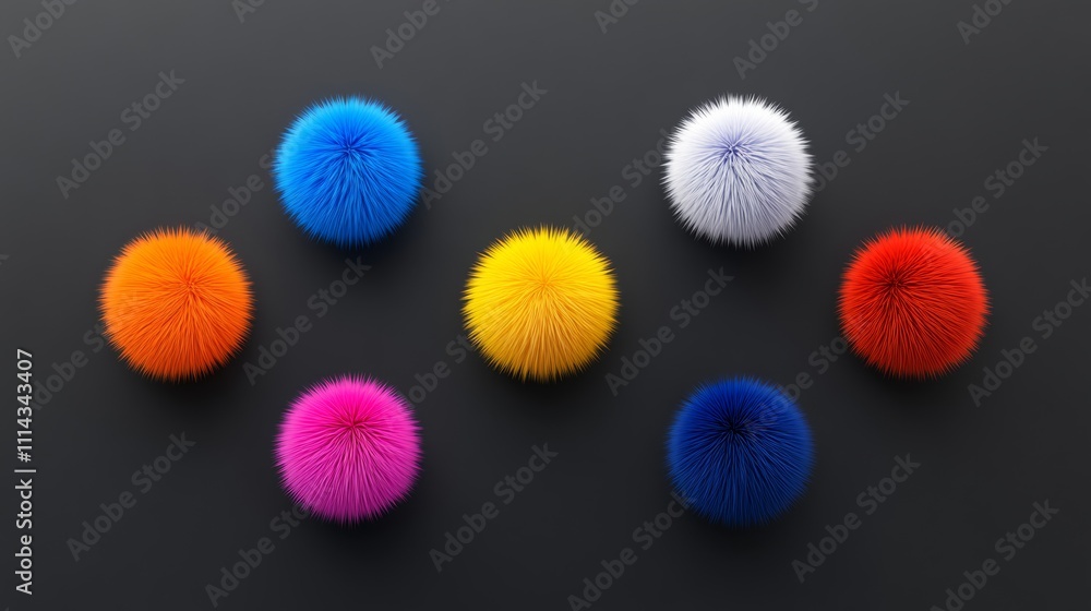 Fototapeta premium Row of fuzzy balls of different colors, including red, yellow, and blue. The balls are arranged in a row, with the red one on the left and the blue one on the right