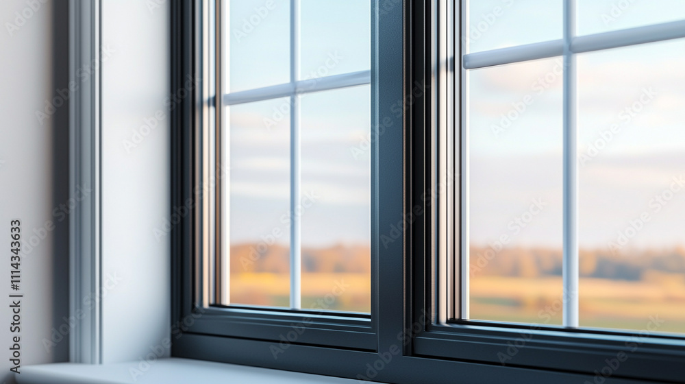 Close-up of a modern double-glazed window with a blurred scenic view of the countryside in the background. Close-up of a modern double-glazed window with a blurred scenic view of the countryside in the background.