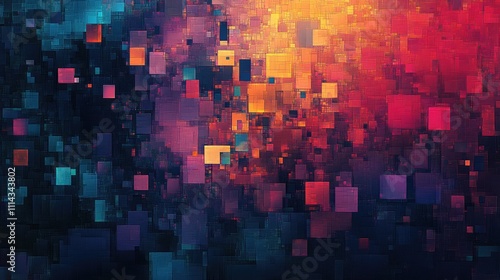 An abstract pixel overlay texture with colorful squares and rectangular shapes, creating a distorted and fragmented digital image