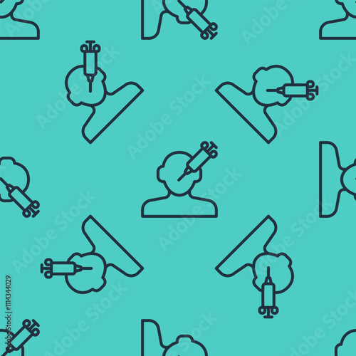 Black line Addiction to the drug icon isolated seamless pattern on green background. Heroin, narcotic, addiction, illegal. Sick junkie with a syringe and medical pills. Vector