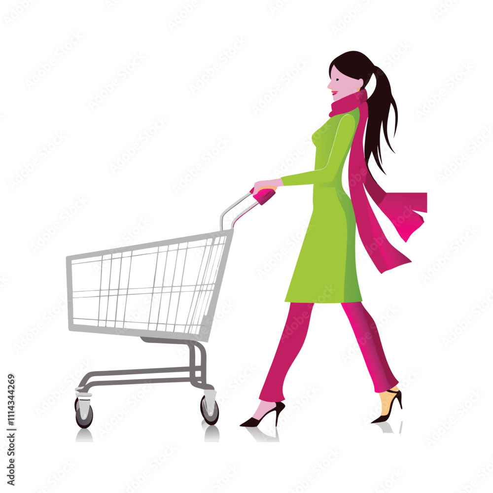 Vector illustration of lady and shopping cart for web store, mobile apps, print and social media Vector illustration of lady and shopping cart for web store, mobile apps, print and social media