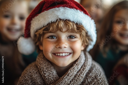 A happy young boy smiling at the camera while wearing a Santa hat, suitable for holiday or winter themed projects photo