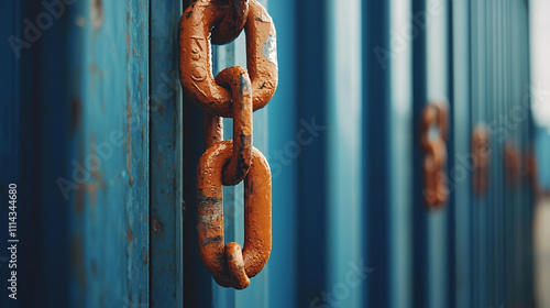 Close-up of rusty chain links against a blue industrial background, symbolizing strength and durability. photo