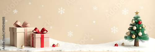 Whimsical winter scene featuring girlish gift boxes, cute tree ornaments, and delicate snowflakes on a soft beige background for festive promotions._00001_