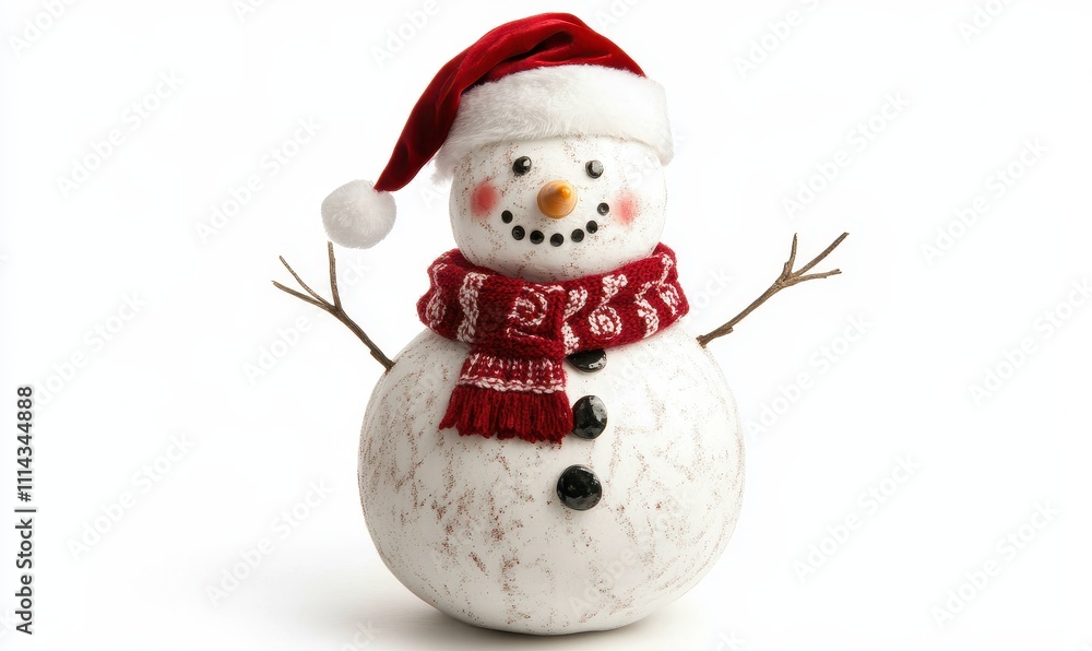 A snowman adorned with a crimson scarf and Santa cap stands isolated on a pristine white backdrop. A snowman adorned with a crimson scarf and Santa cap stands isolated on a pristine white backdrop.