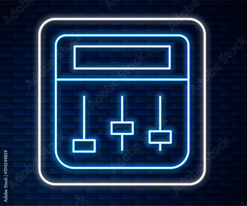 Glowing neon line Drum machine music producer equipment icon isolated on brick wall background. Vector
