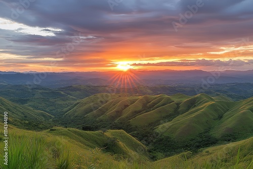 Tranquil Sunrise Over Rolling Grassy Hills and Wildflower Meadows	