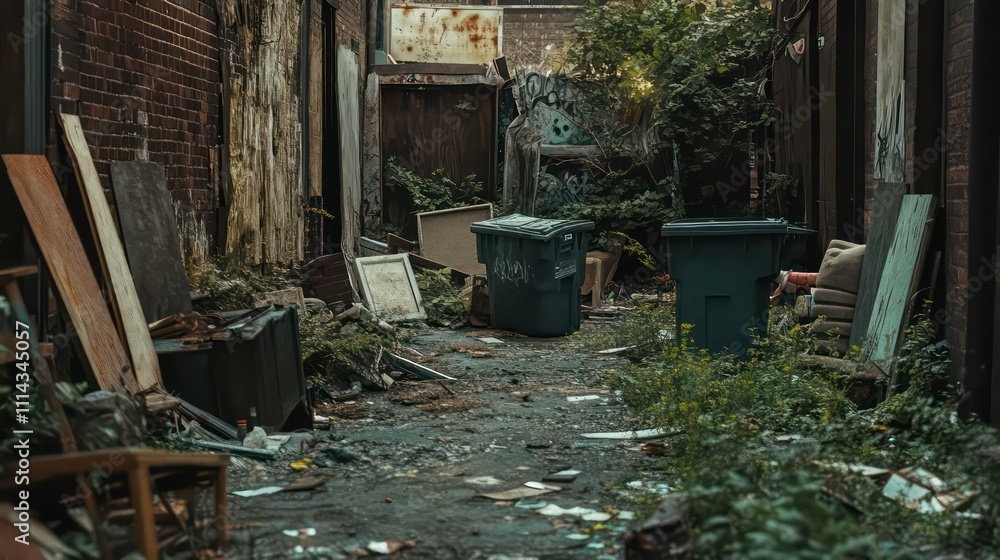 Fototapeta premium A desolate alleyway with broken furniture, overturned trash cans, and weeds growing through the cracks.