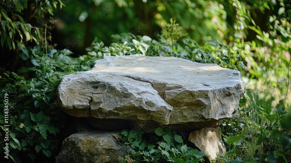 Fototapeta premium A natural setting with a stone bench surrounded by dense foliage