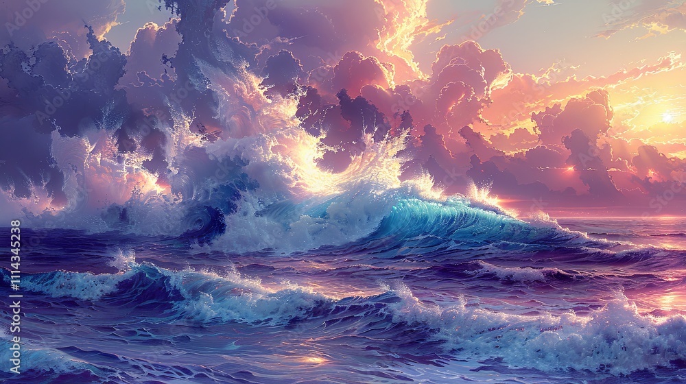 Fototapeta premium An oil painting of powerful waves crashing against a rugged cliff. The ocean spray is frozen in motion, catching the sunlight, with a stormy sky full of swirling clouds in the background