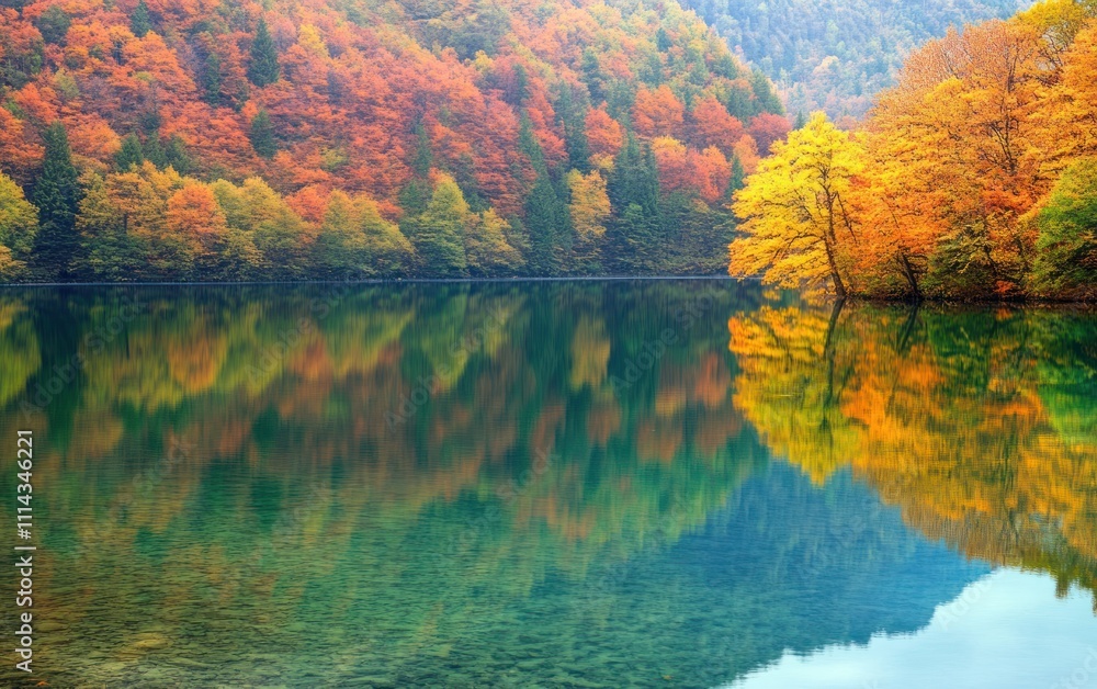 Colorful autumn trees reflected in a clear, calm lake Colorful autumn trees reflected in a clear, calm lake