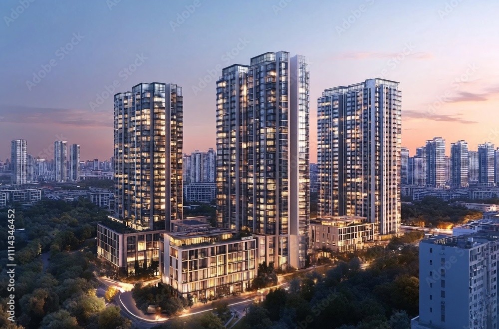 Obraz premium Aerial view of a city at night showcasing a solitary apartment building and office towers with illuminated facades, highlighting the vibrant real estate and commercial districts of the urban skyline.