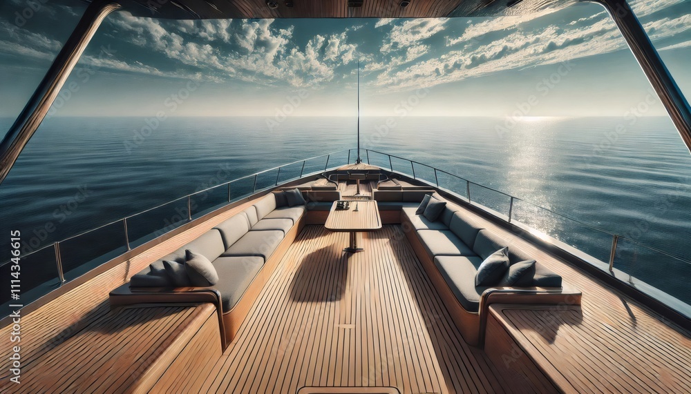 Fototapeta premium Luxury yacht sailing on calm sea under cloudy sky at sunrise