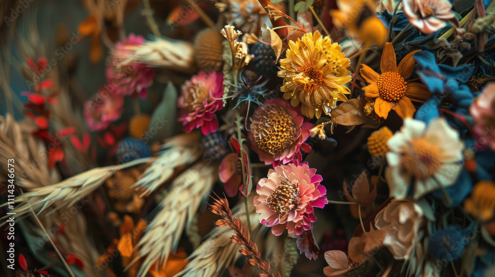 Fototapeta premium Natural wildflower wreath with a mix of colorful dried blooms, creating a rustic holiday aesthetic