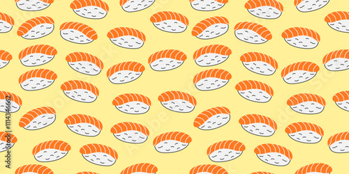 Nigiri seamless pattern background. Japanese sushi dish with rice and raw salmon fish wallpaper. Vector Illustration