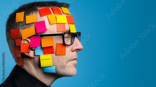 Man's face is covered in colorful sticky notes. The man is wearing glasses and has a serious expression on his face. Concept of chaos and disorganization