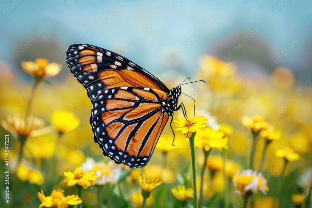 Fototapeta premium A monarch butterfly sits on a bright yellow flower