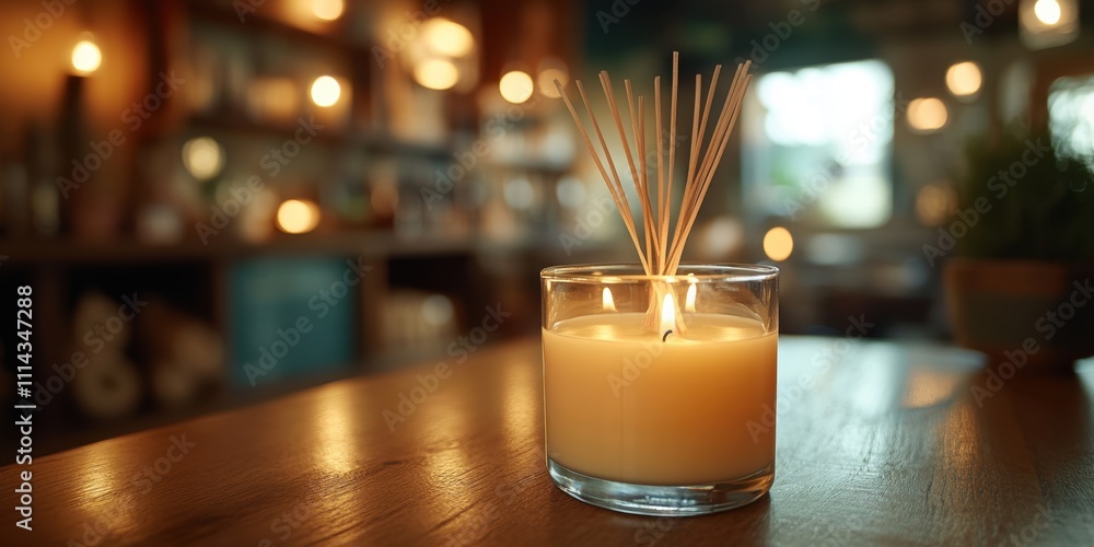 Warm glow of a candle casting serenity in a cozy indoor setting enriched with fragrant sticks Warm glow of a candle casting serenity in a cozy indoor setting enriched with fragrant sticks