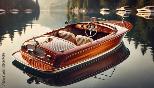 Classic wooden runabout motorboat floating on calm lake at sunrise
