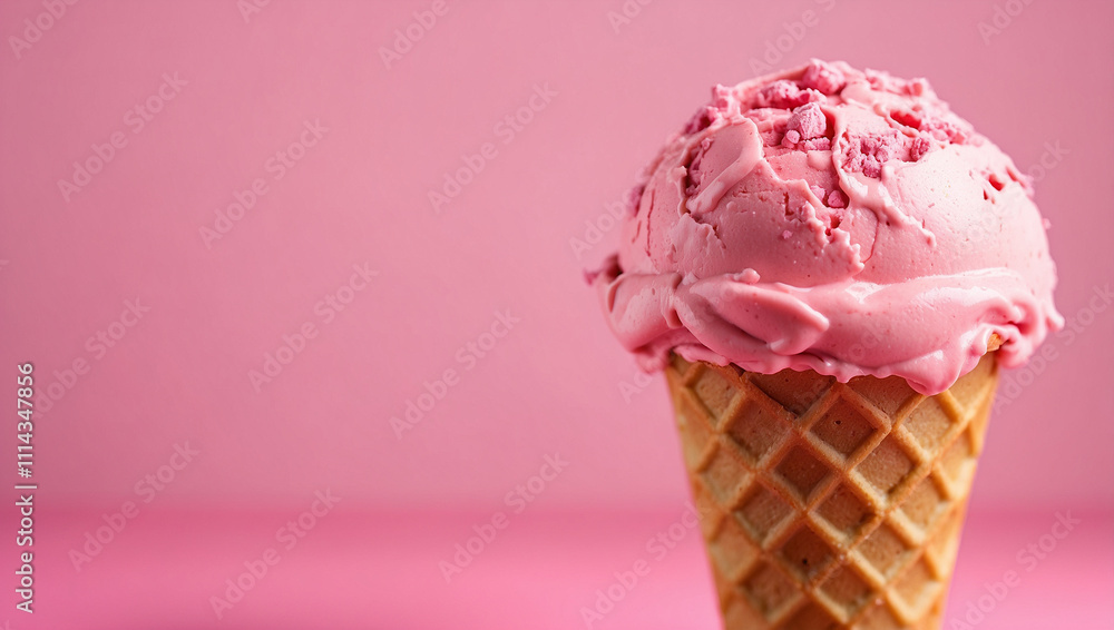 Pink Icecream scoop in waffle cone over pink pastel background Pink Icecream scoop in waffle cone over pink pastel background