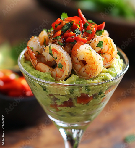 A beautiful transparent glass featuring layers of vibrant homemade guacamole at the base.