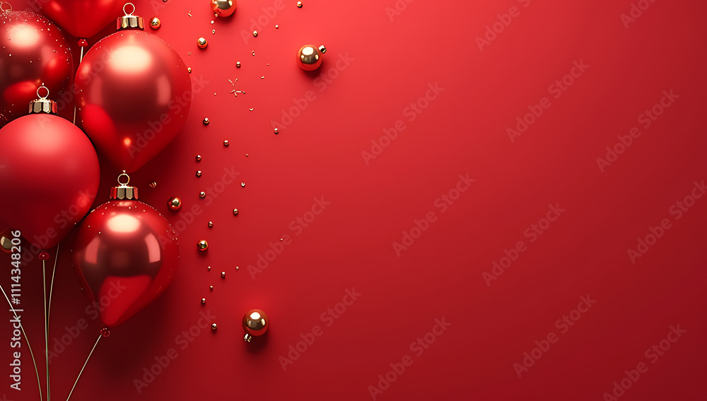 Red background balloons with golden Christmas ornaments create a festive atmosphere perfect for celebrating the arrival of the New Year._00001_ Red background balloons with golden Christmas ornaments create a festive atmosphere perfect for celebrating the arrival of the New Year._00001_