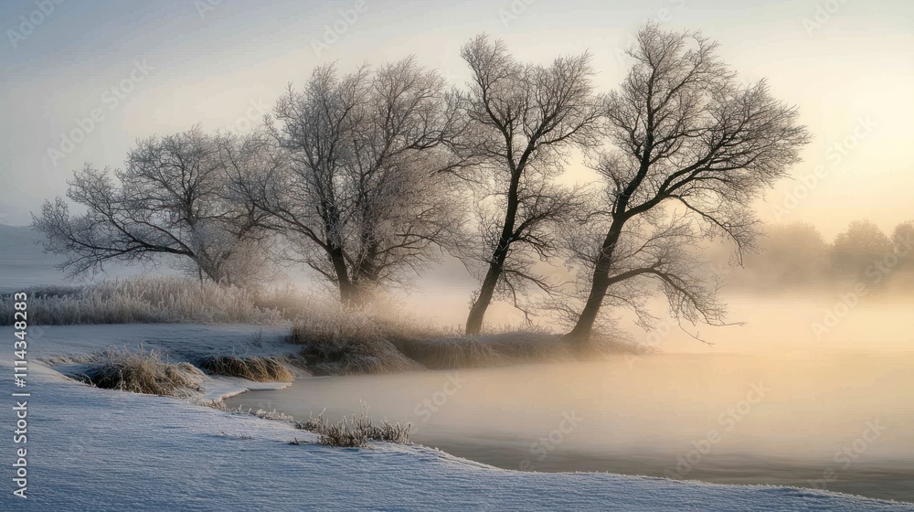 Three bare trees stand on a snow-covered bank beside a fog-filled river at sunrise. Three bare trees stand on a snow-covered bank beside a fog-filled river at sunrise.